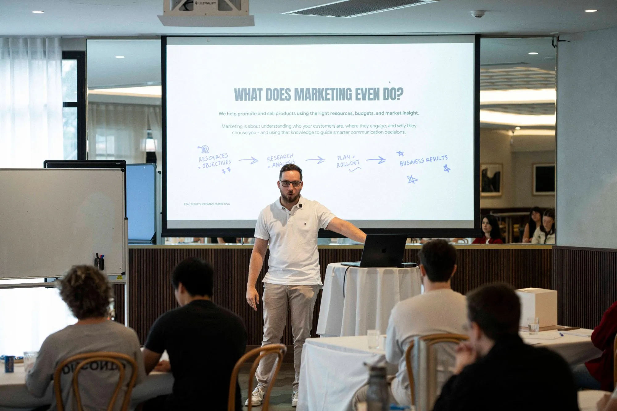 A Q Agency planning session, with a presentation on what marketing does